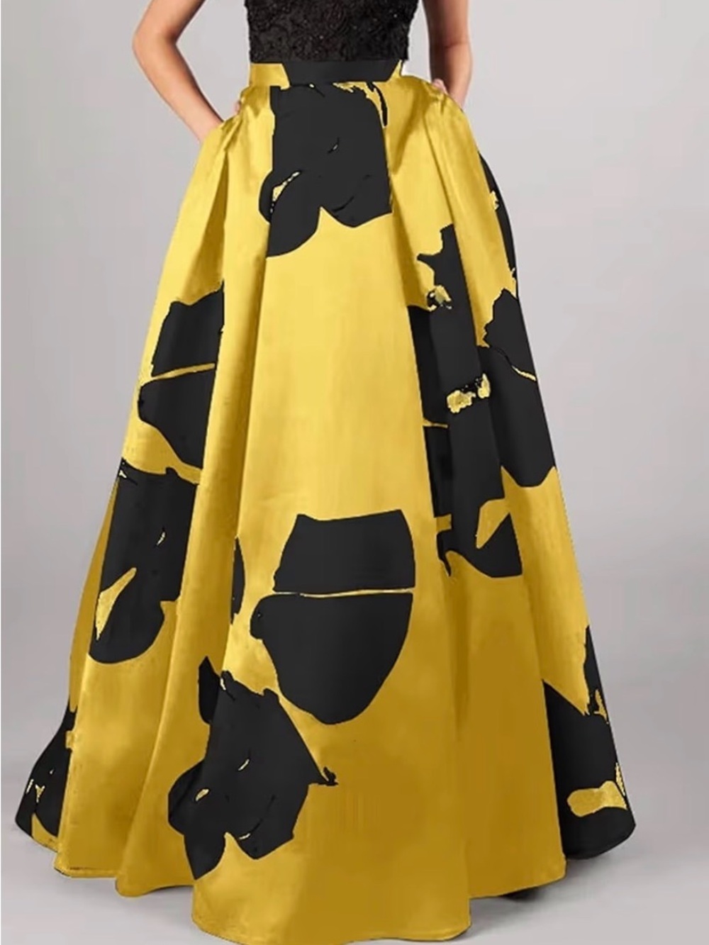 Amazon Yellow and Black Floral Maxi Skirt